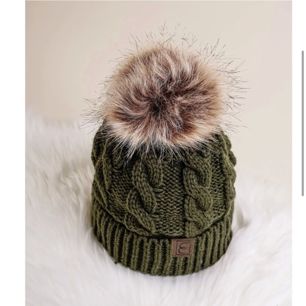 Army Green Cable Knit Pom Pom Beanie Hat - Picture 3 of 8